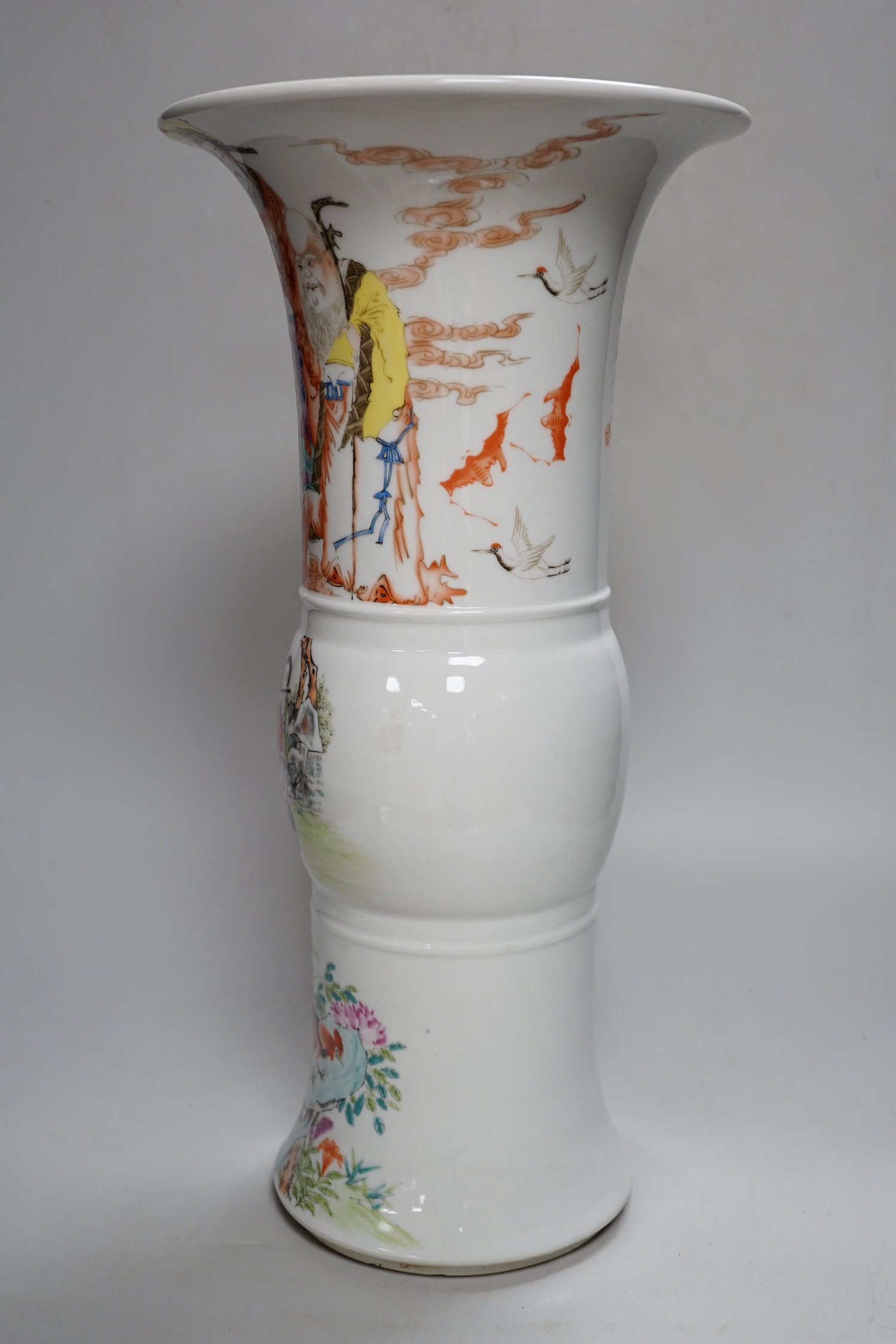 A Chinese enamelled porcelain beaker vase, with inscription on base, 44cm high